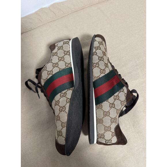 Gucci Shoes Mens Size 8.5 Brown GG Canvas Suede Web Stripe Made in Italy 117711 - Picture 3 of 10